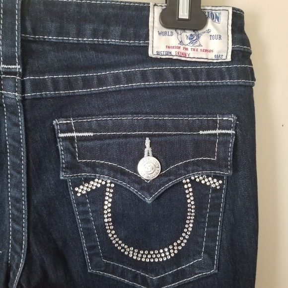 True Religion Dark Wash Skinny ami-Rise Bejewelled Denim Jeans Size 29 - Picture 6 of 8